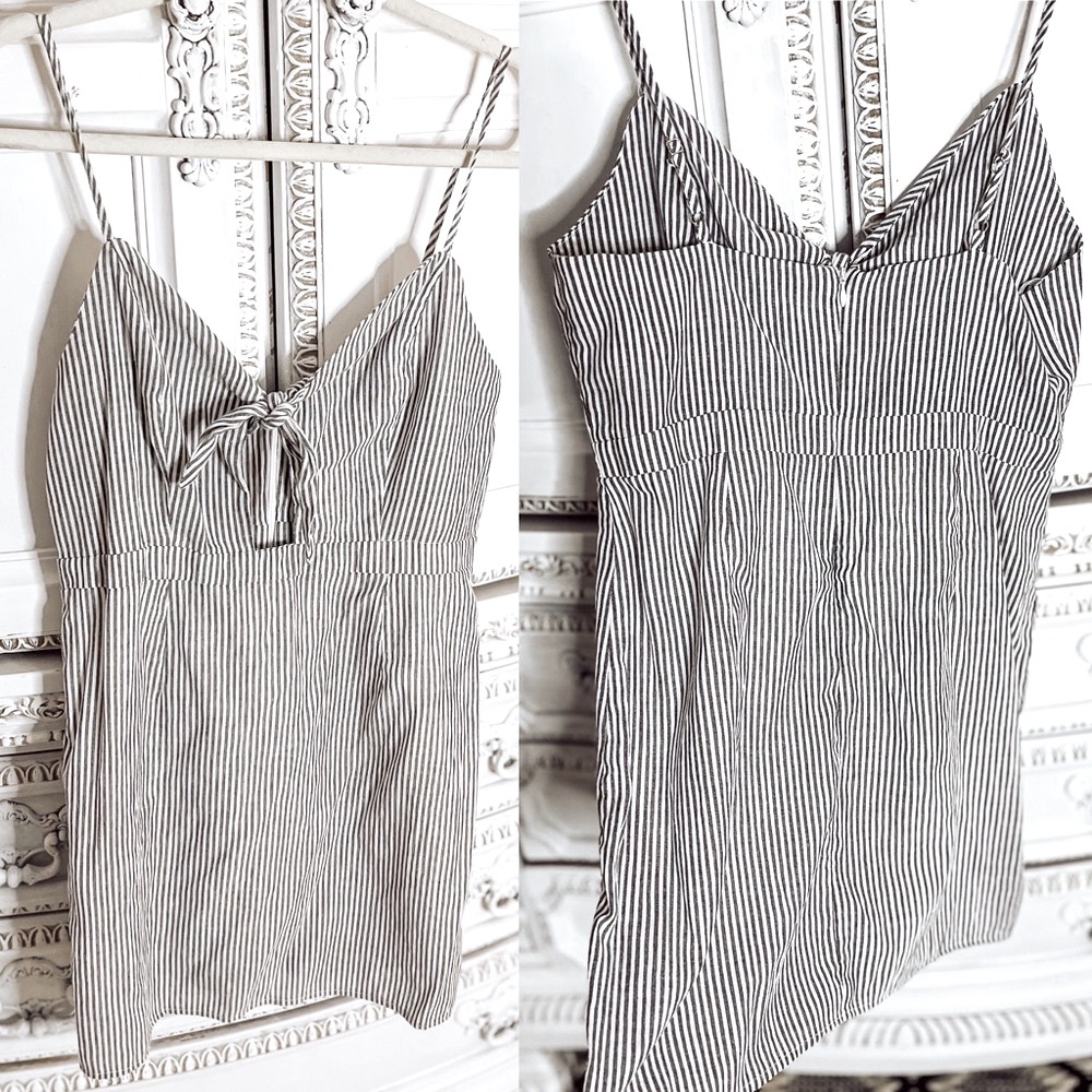 Mini Dress With Tie Front Neutral Stripes Boutique Brand Lined Vacation Dresses